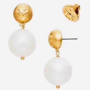 Tory Burch Dome Gold Logo and Drop White Pearl Earrings